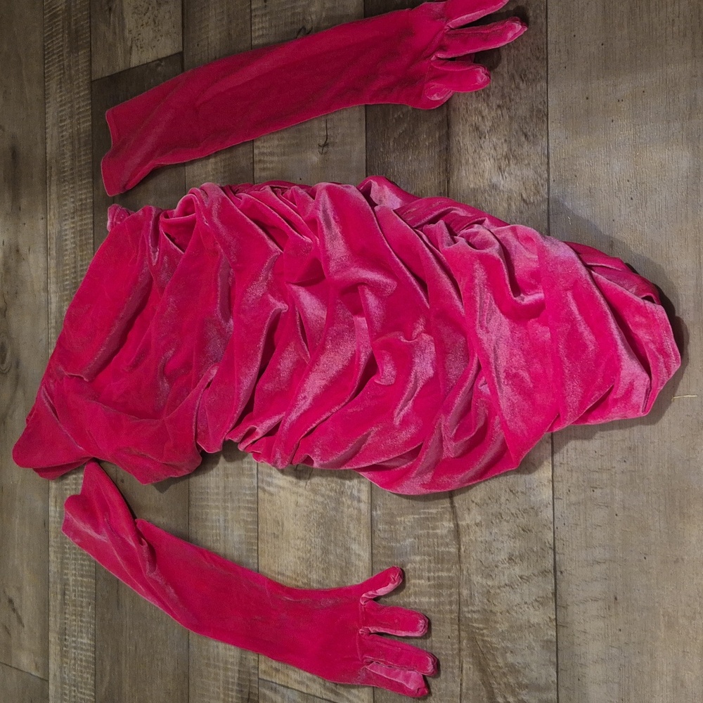 Miscreants Dress Ruched Velvet One Shoulder with Gloves Pink Size 10 NWOT - Picture 5 of 7